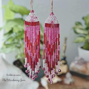 BOGO EARRINGS Beaded Fringe Cascade Shoulder Duster Dangle Boho Chic Plum 4"